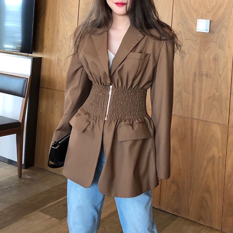 

[EWQ] Autumn New Women Gold Brown Pleated Waist Suit Loose Suit Fashion High-quality Tops Ladies Blazer Slim Women Coats 201114, Golden-brown