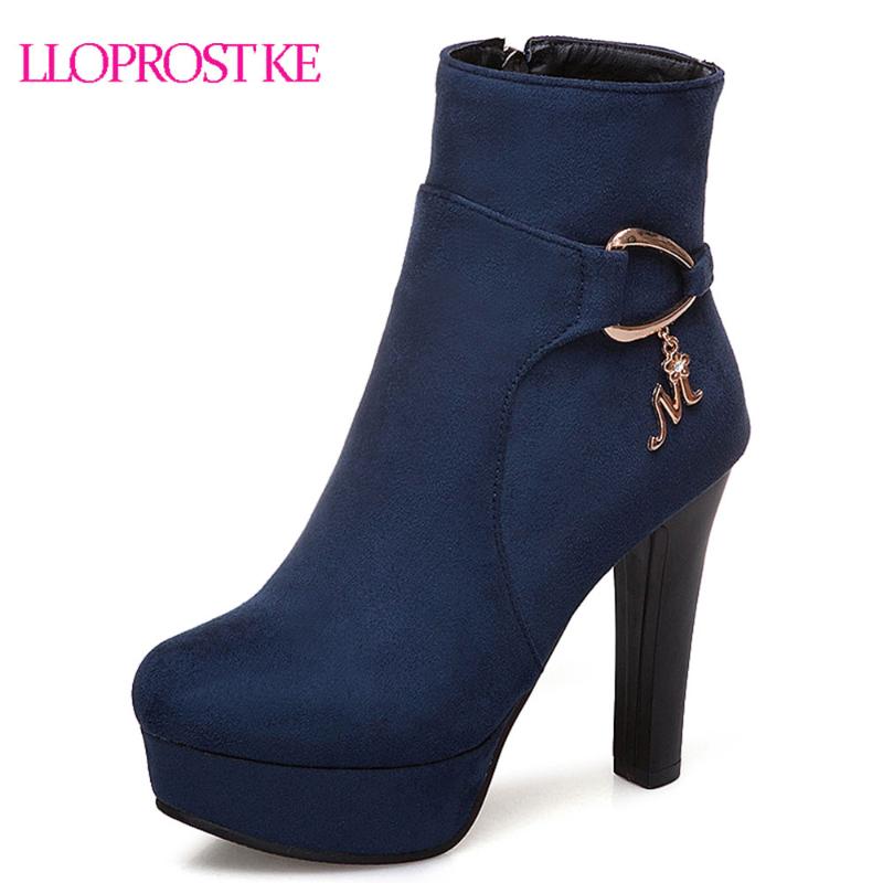 

Lloprost ke Women Black Ankle Boots Flock Round Toe Winter Shoes Square High Heel Ladies Motorcycle Boots Big Size 32-43 D383