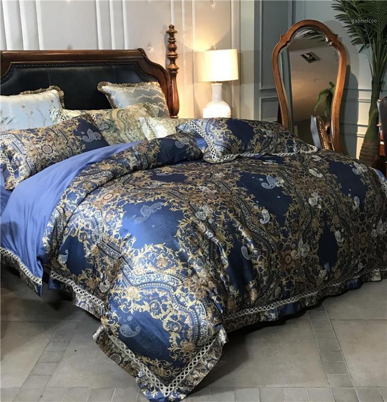 

J1 Blue 120S Satin Silk Jacquard European Bohemia Bedding Set Duvet Cover Egyptian Cotton Bed Linen Fitted Sheet Pillowcases1