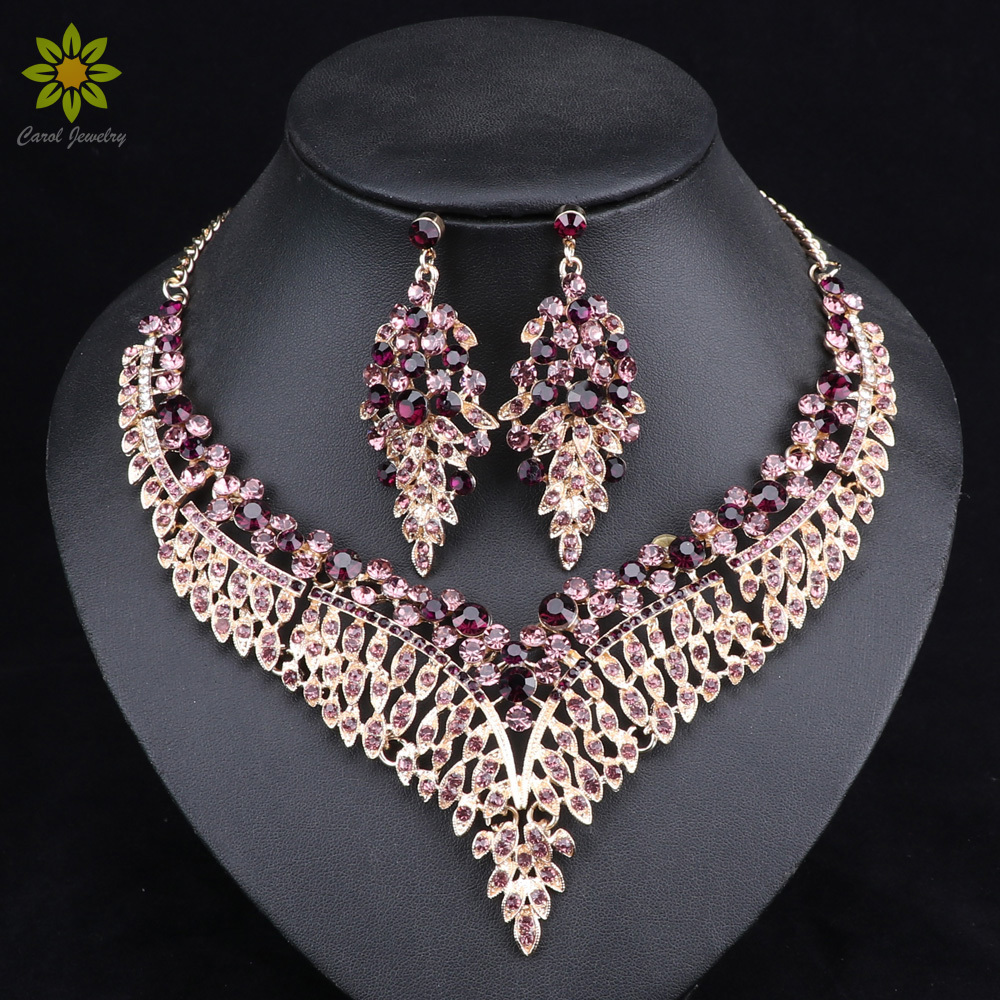 

Leaf African Bridal Jewelry Sets for Women Big Crystal Statement Necklace Earrings Sets Wedding Jewelry 201215