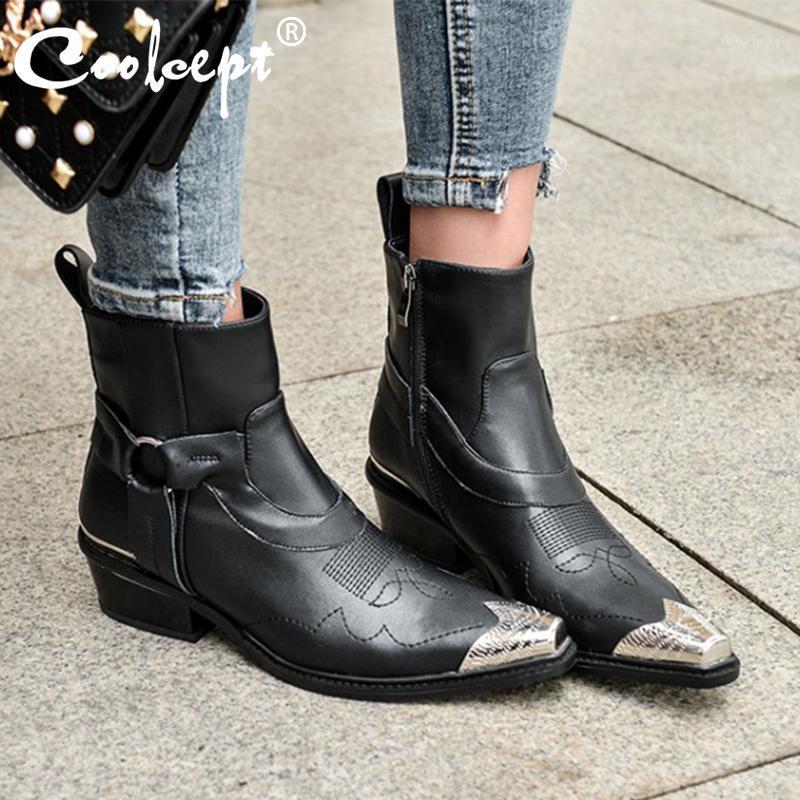 

Coolcept New Woman Ankle Boots Real Leather Metal Toe Woman Winter Shoes Fashion Punk Short Boots Women Footwear Size 34-431, Black