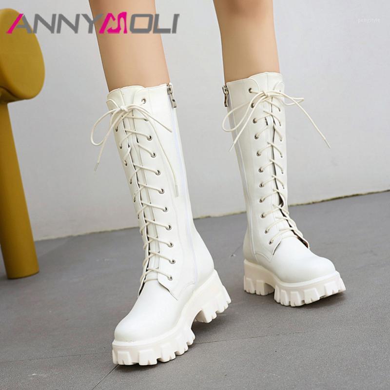 

ANNYMOLI Platform High Heel Mid Calf Boots Woman Motorcycle Boots Zip Block Heel Shoes Lace Up Female Autumn Winter 34-431, Black