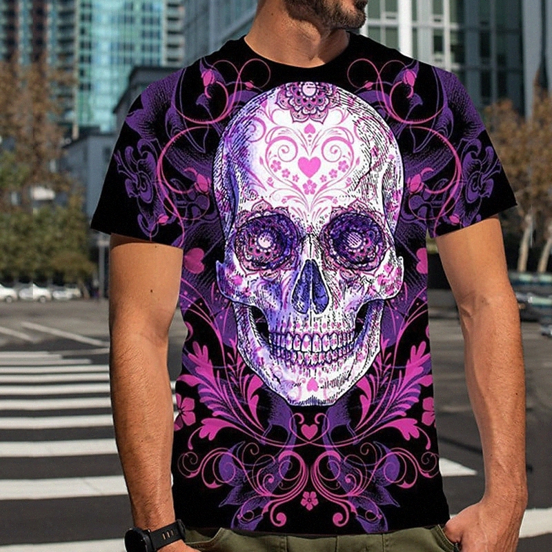 Men's T shirt 3D Print Graphic Skull Crew Neck Daily Sports Print Short Sleeve Tops Casual Classic Designer Big and Tall Light Purple Blue B