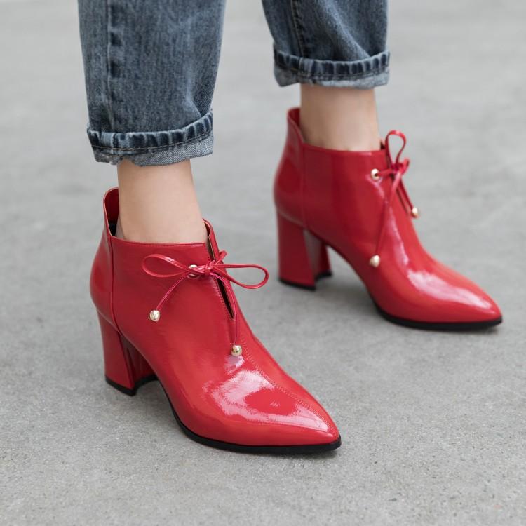 

PXELENA Plus Size 34-43 Fashion Short Boots Ladies Patent Leather Lace Up Chunky Block High Heels Ankle Boots Women Shoes Winter, Beige