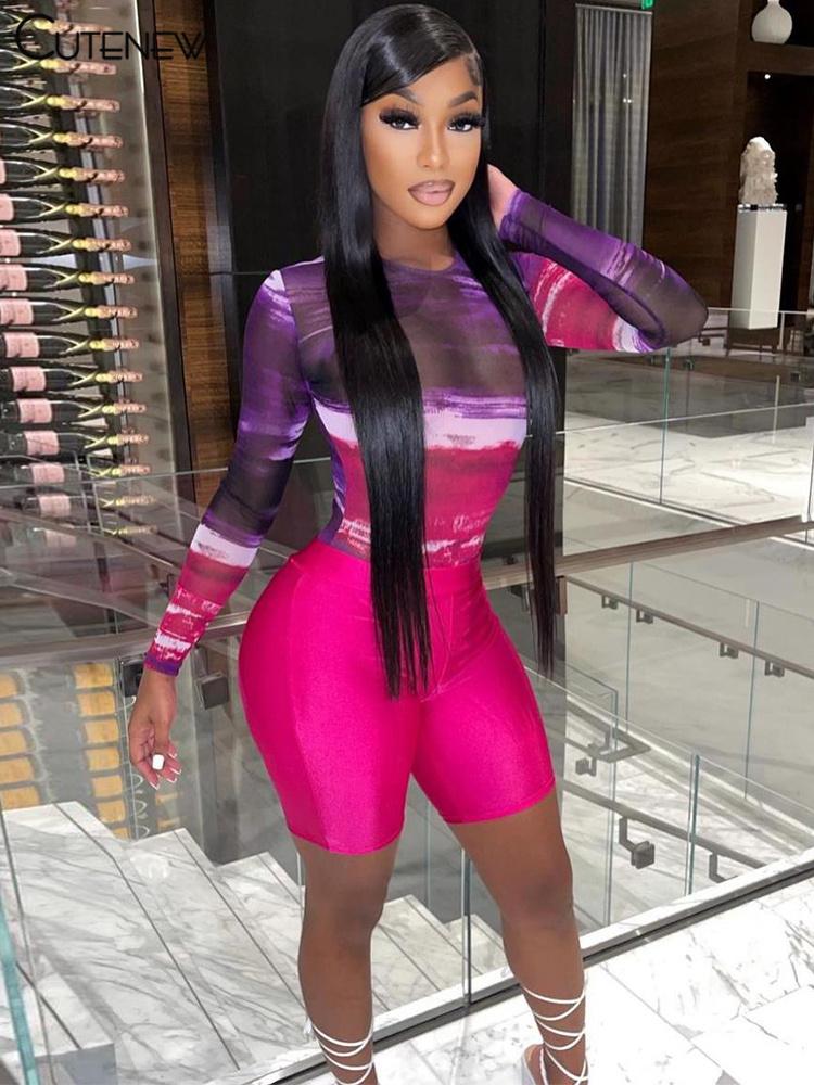 

Women's Tracksuits Cute Y2K Tie Dye Print Two Piece Sets Women Outfits Long Sleeve O-Neck Skinny Bodysuits+Biker Shorts Matching Lady Street, Gray