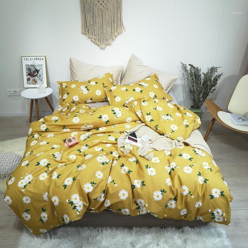 

Queen King size Soft 100%Cotton Bedding set Zipper Duvet Cover Vibrant Yellow Blue Flowers Comforter Cover Pillowcase Bed sheet1, Color 5