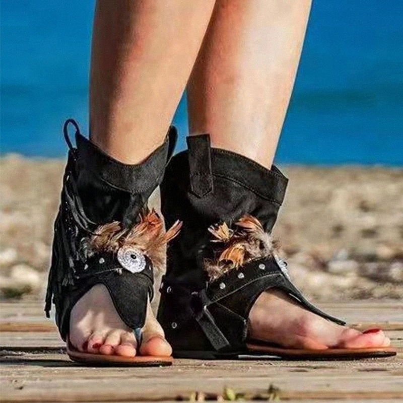 

Women's Tassel Sandals Clip Toe Ladies Feather Summer Flip Flops Casual Shoes For Female Rome Female Slippers Women Sandals #4N8u, Black