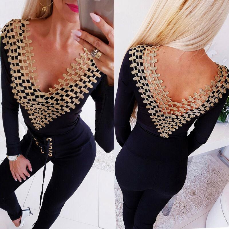 

Sexy Clubwear Women Bodysuits V-Neck Playsuit Bodycon Party Jumpsuit Romper Hollow Tops Shorts boddy feminino, Black