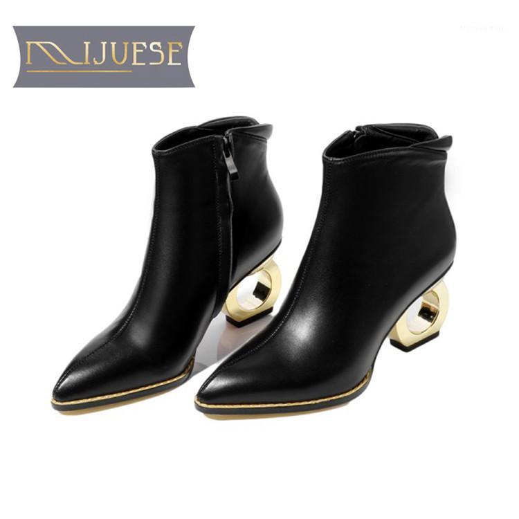 

MLJUESE 2021 women ankle boots cow leather black color pointed toe slip on strange heel autumn spring women boots1