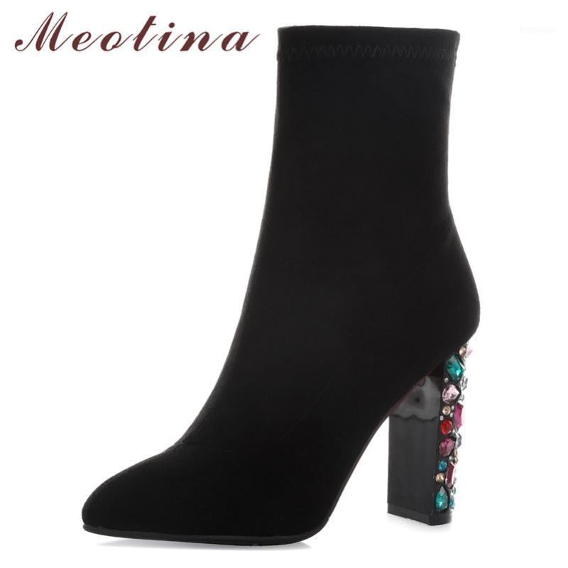 

Meotina Winter Real Leather Ankle Boots Women Kid Suede Zip Thick Heel Short Boots Rhinestone Super High Heel Shoes Lady Fall 401, Black