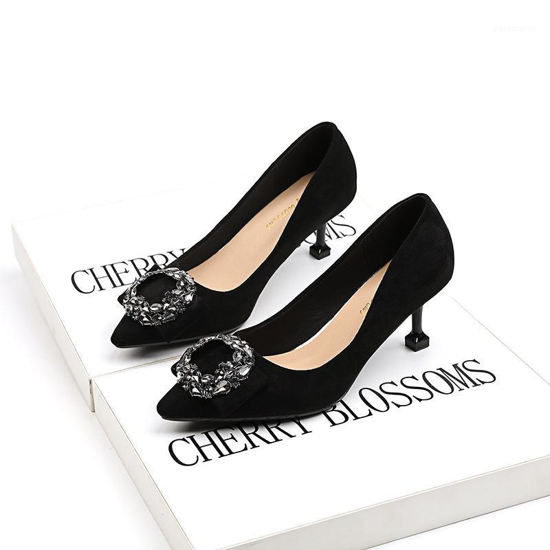 

han edition fashion pointed mouth shallow fine with high heels fall joker suede round buckle diamond single woman shoes1, Black