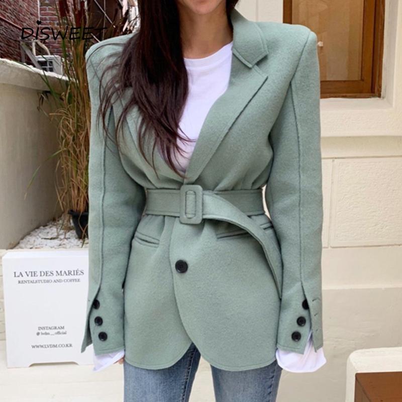 

Solid Woolen Suit Woman Korean Long-sleeved Suit Collar Loose Blazer Women Temperament Slim Warm Belt Women's 2020, Black