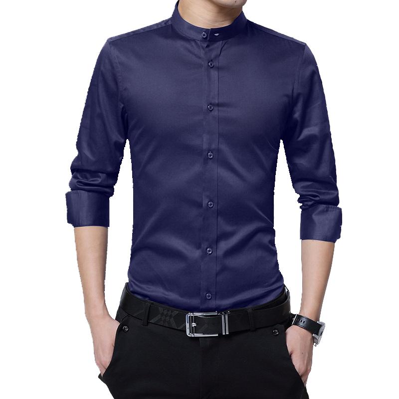 

BROWON Mens Shirts Casual Slim Fit Shirt Long Sleeve Stand Collar 100% Cotton Formal Shirts for Men Oversized Size 5XL, Darkblue shirt