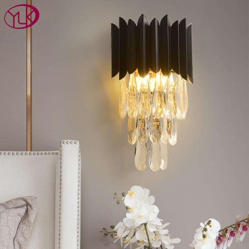 

Youlaike new modern bedroom crystal sconces luxury black wall light fixtures bedside living room LED wall lamps for bedroom