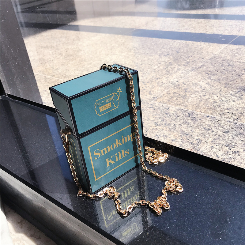 

Creative female box chains designer shoulder in case cigarette shape crossbody bag lady funny little girly chic purse 2020 bags, Blue