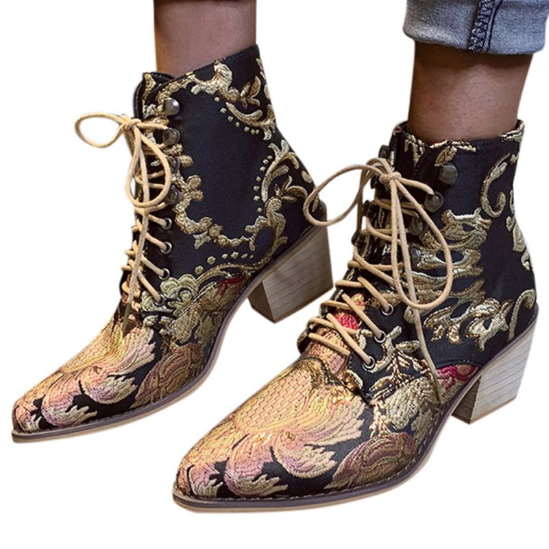 

new design Fashion Autumn Winter Retro Women Square Heel Embroidery Suede Boots Lace-Up Boots Pointed Toe Shoes, Black