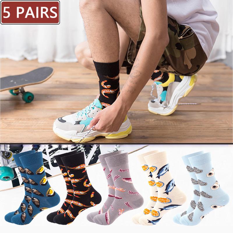 

5 Pairs Men/Women Cotton Happy Funny Socks With Print Cartoon Oyster Octopus Seafood Cute Sock Autumn Winter Harajuku Crew Socks