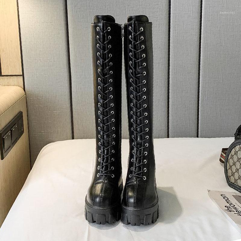 

Fashion Chunky Platform Pu Leather Knee High Boots Women Retro Punk Height Increasing Long Woman Lace Up Booties 2021 New Boots1, Beige