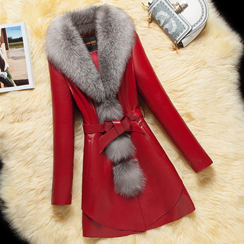 

New Women' Long Leather Coat Imitated Fur Collar Plus Cotton Slim Jacket, Red