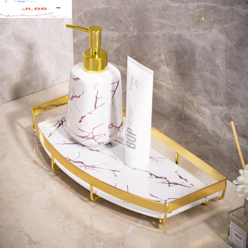 

Bathroom Storage Rack Marbling Ceramics Stainless Steel Metal Desktop Shelf Toiletries Organize Box Tray Bathroom Accessories
