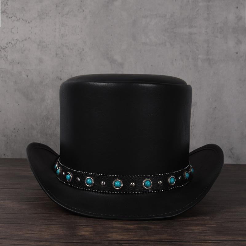 

Wide Brim Hats 100% Leather Women Men Top Hat President Traditional Fedoras Magician Steampunk Cosplay Party Cap Dropshiping 3Size 13CM, Black