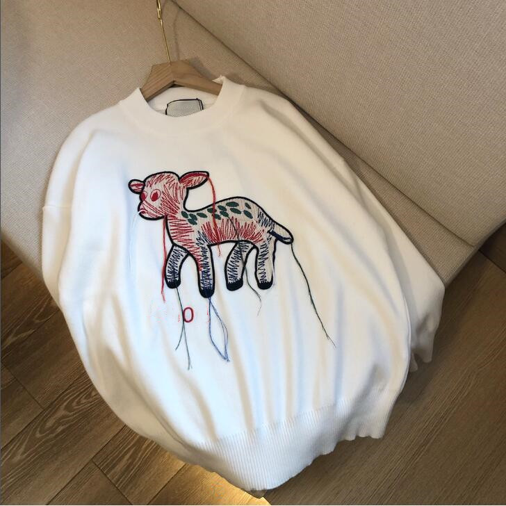 

Women's Fashion Fringed Fawn Embroidered Sweater Shirt Knitted Long Sleeve T-shirt Round Neck Casual Pullover free shipping, Ivory