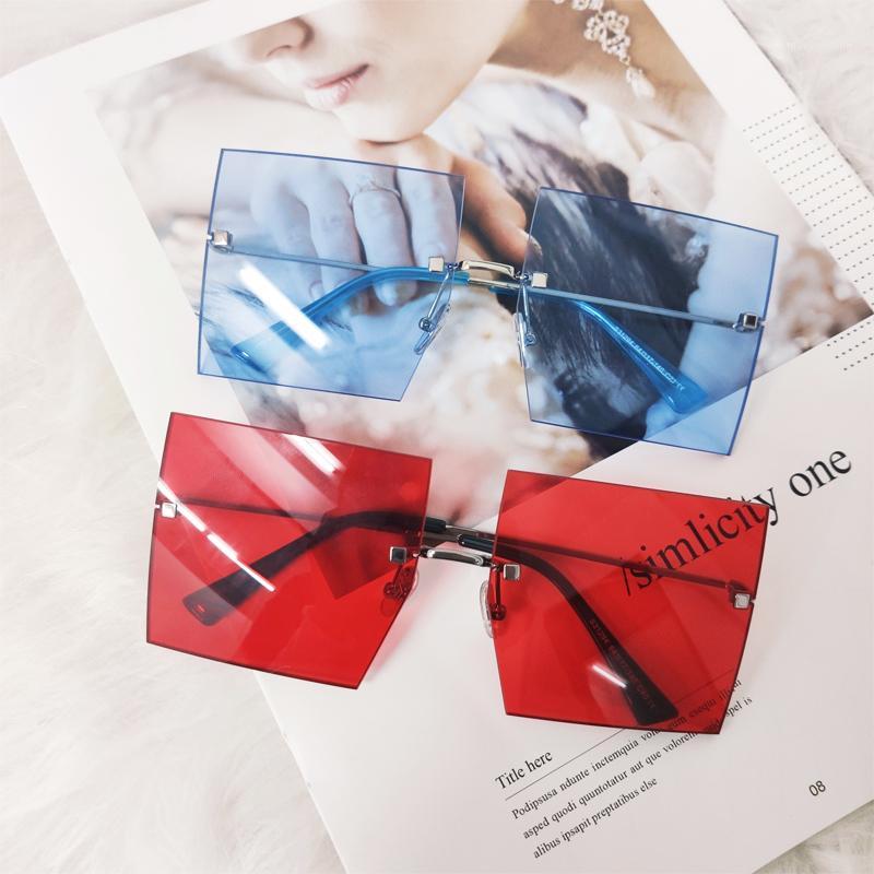 

Oversized Square Rimless Sunglasses Women 2020 New Summer Style Lady Red Blue Clear Lens One Piece Men Shades UV4001