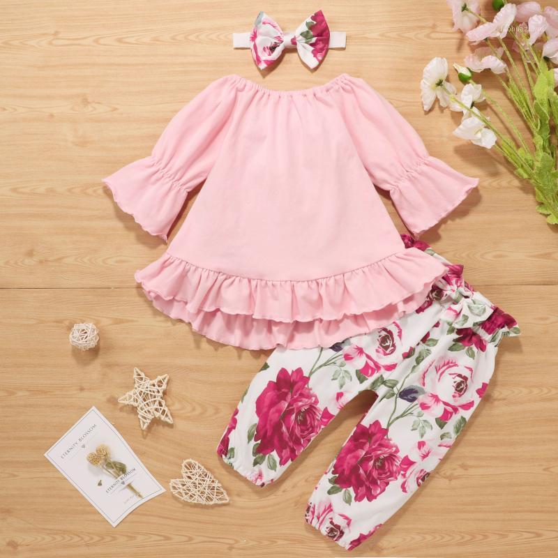 

3Pcs Infant Casual Outfits Baby Girl Clothes Suit Long Sleeve Round Neck Ruffle Pullover+Floral Trousers with Bowknot+Headband1, Pink