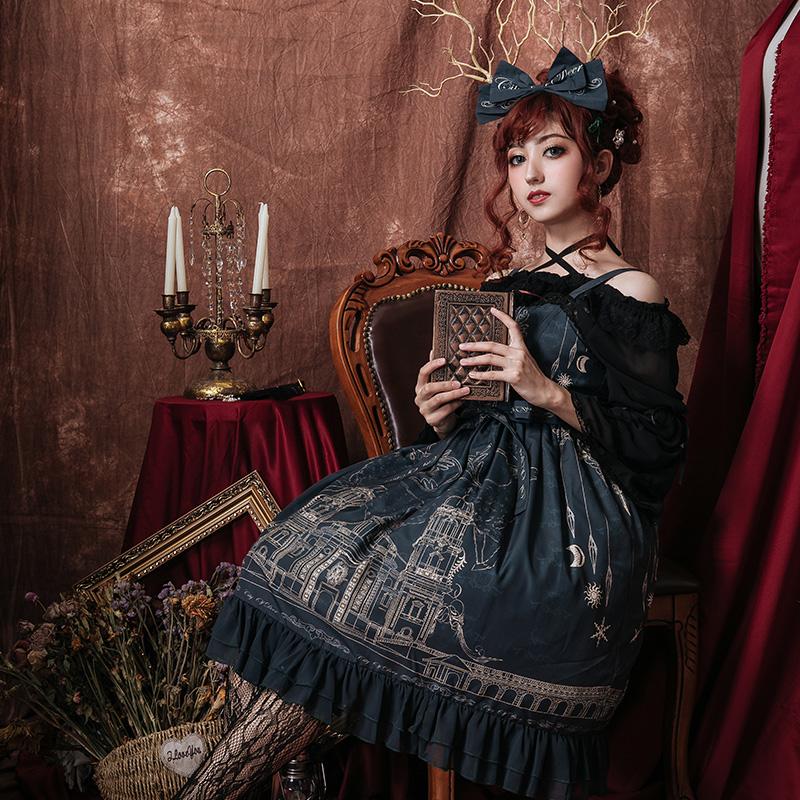 

Milu City ~ Royal Vintage Dress Retro Sleeveless Printed Lolita Dress, Black