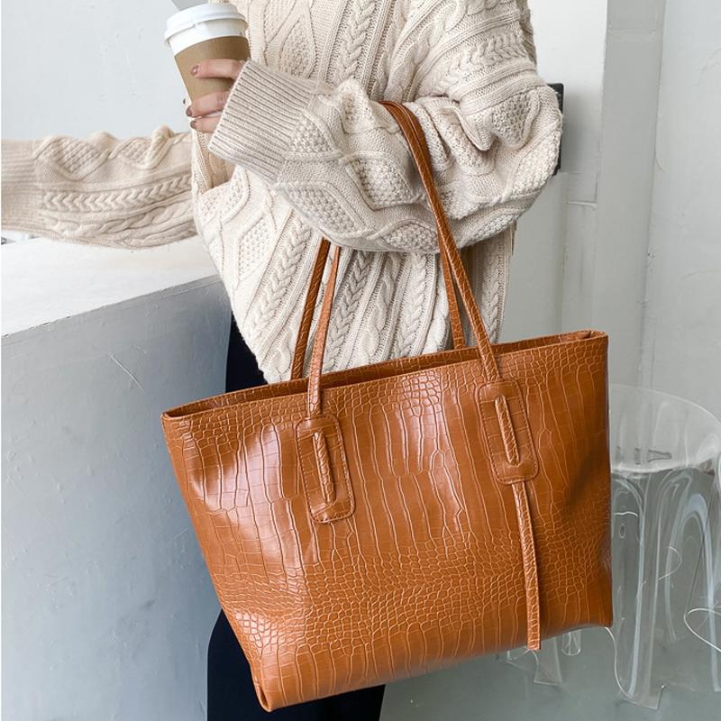 

Large Soft Women's Handbags Crocodile Pattern Large Capacity PU Portable Tote Bag Ladies Shoulder Bag High Quality Shopping, Brown