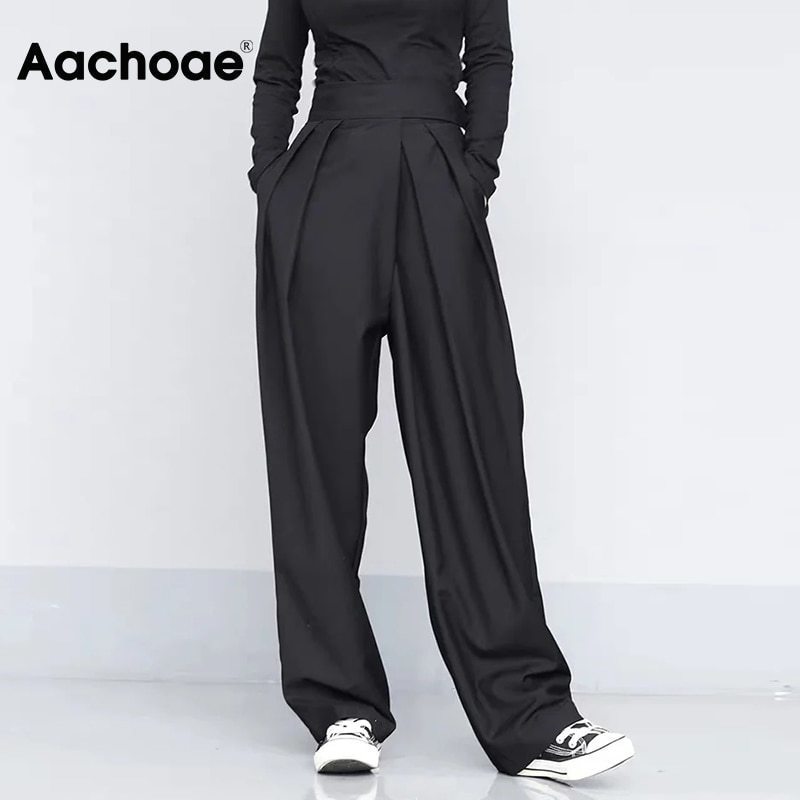 

Aachoae Black Color Wide Leg Pants Women Pleated Loose Long Trousers Lady Full Length Elegant Long Pants Female Ropa De Mujer 201228