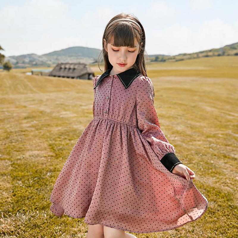 

Girl's Long Sleeve Dress For Baby Girls Fashion Dot Print Turn Down Collar Gowns 3-14y Kids Birthday Party Show Mid Dresses, Green