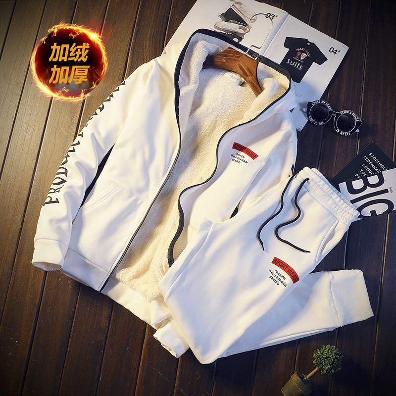 

2021 New Casual Tracksuit Mens Set Winter Brand Two Piece Sets Inner Fleece Thick Warm Hooded 2pc Jacket + Pants Sporting Suit Male Mgfc, White
