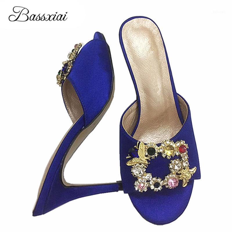 

Crystal Metal Decor Buckle Decor Lazyman Mules Lady 10cm Thin High Heels Sexy Open Toe Luxury Satin Slingbacks Sandals Women1, Blue