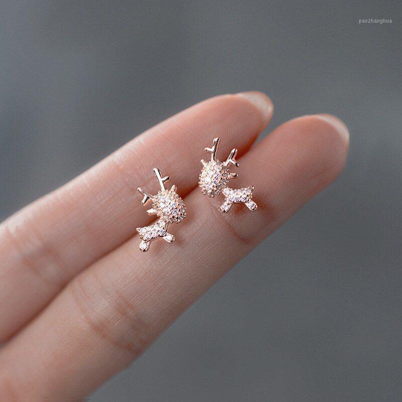 

Luxury Pave Crystal Zircon Elk Halloween Stud Earrings For Fashion Women Real 925 Sterling Silver Christmas Jewelry, Golden;silver