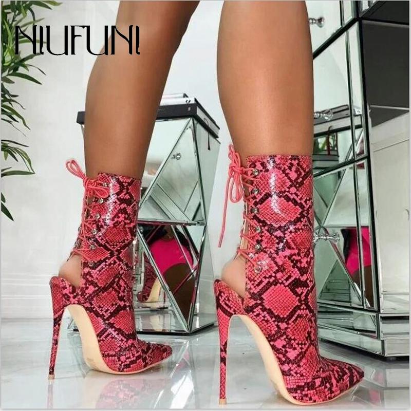 

Fashion Pointed Toe Sexy Snake Pattern Cross Straps Women's Boots Stiletto High Heels Nightclub Ankle Boots Casual Ladies Shoes, Beige