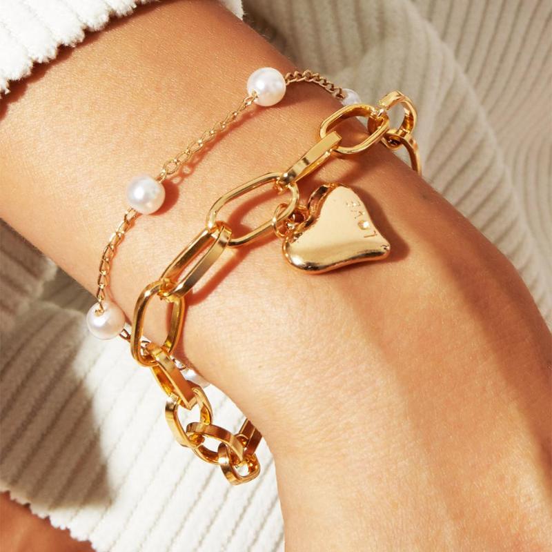 

luxury twol ayer pearl heart kpop geometric bohemian bracelet charms for women accessories boyfriend bridesmaid gift wholesale