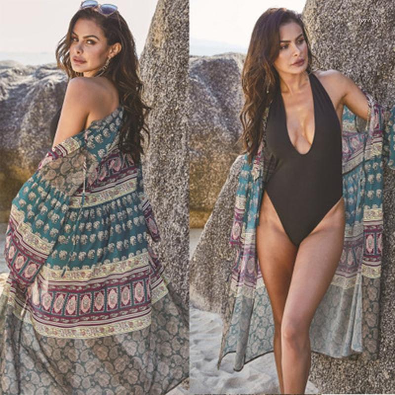 

Sexy Beach Cover Up Women Dolman Sleeve Floral Print Patchwork Chiffon Kimono Bathing Suit One Piece Beach Dress Bikini Cover Up1