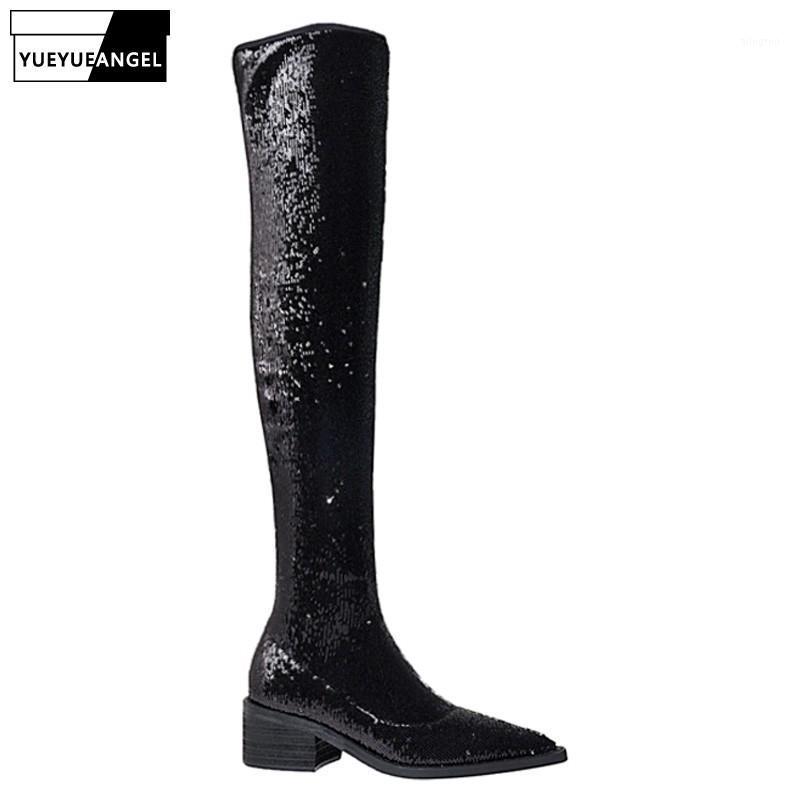 

Fashion Long Boots Womens Black Sequins Pointed Toe Slip-On Flat With Zipper Short Plush Warm Winter Vintage Over Knee Boots1
