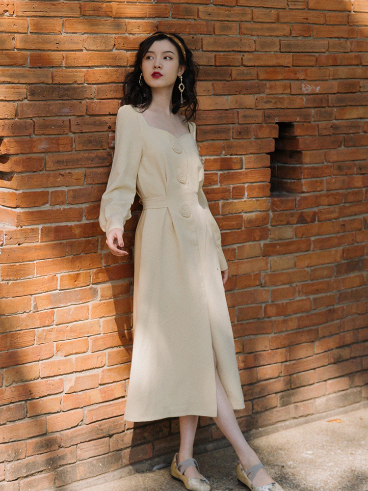 

2021 Long Beige Spring Drees Women Dressed As Fiesta Elegant Cotton Vintage Mid-calf Party at Night Jrzz, Blue