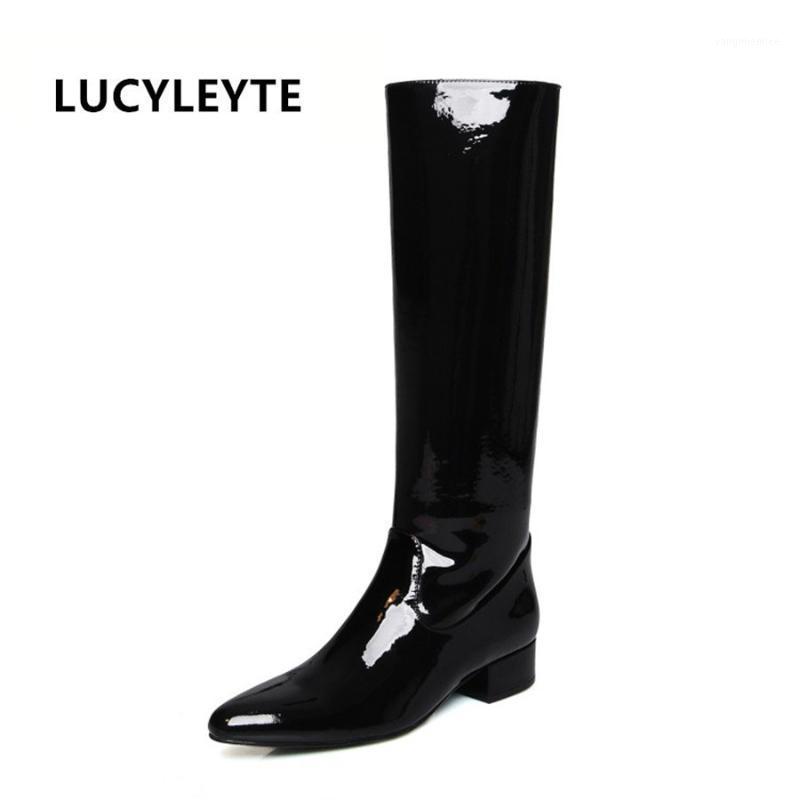 

European and American style patent leather boots rubber bottom pointed women's knee high boots womens winter fashion 20201, Black