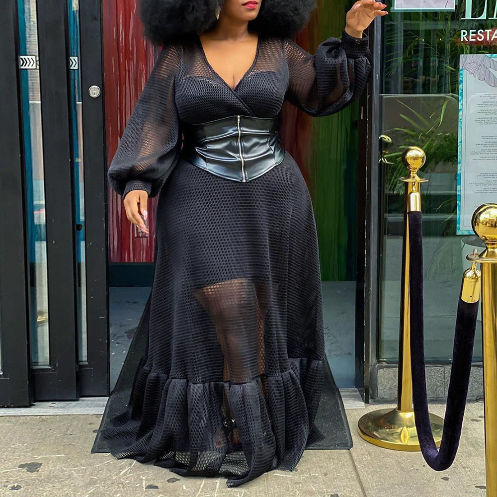 

Sexy Plus Size Black Women Dress 2020 Autumn Long Lantern Sleeve Party Club Ruffle Maxi Dress Femme Vestiods Mesh Dress Sheer J1215, One size belt