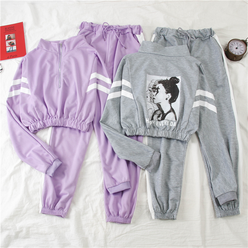 

2021 New Autumn Training Sportwear Short Female Suit Printed Swearshirt+ Tall Pants ITZ6, Red