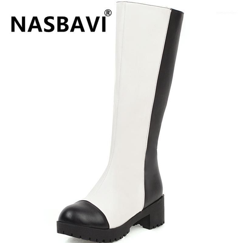 

NASBAVI 2020 new PU Shoes Woman Autumn And Winter Thick bottom zipper Boots High Heel Boots Round head Color matching Bare1, Black