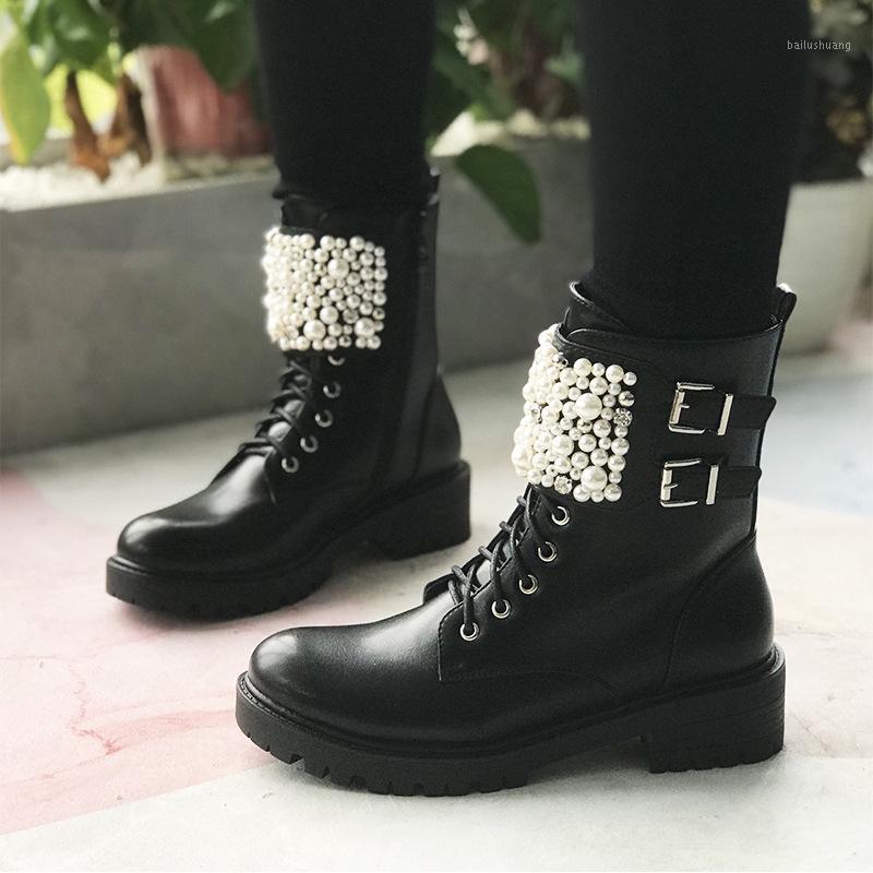 

2021 Fashion Female Top Quality Dropship Chunky Heels Pearls Leisure Shoes Women Ankle Boots Cool Motorcycles Boots1, Black
