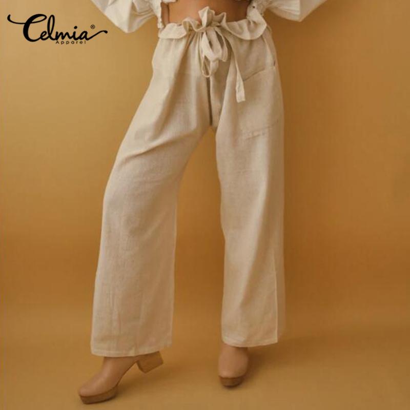

Women Vintrage Pants Celmia Linen Cotton Trousers Vintage High Waist Belted Pants Fashion Causal Loose Long Palazzo Pantalones, Beige