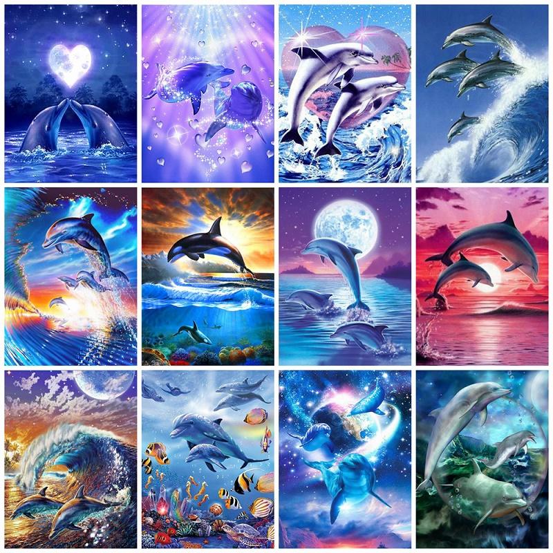 

Paintings Diy 5D Full Diamonds Painting Cute Dolphin Embroidery Mosaic Cross Stitch Ocean Landscape Home Decoration