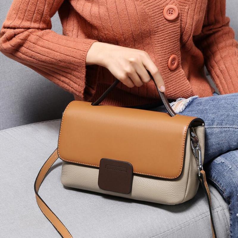 

Ladies Handbags Genuine Leather Fashion Contrast Color Women Shoulder Messenger Bag Casual Totes Crossbody Bags, Khaki
