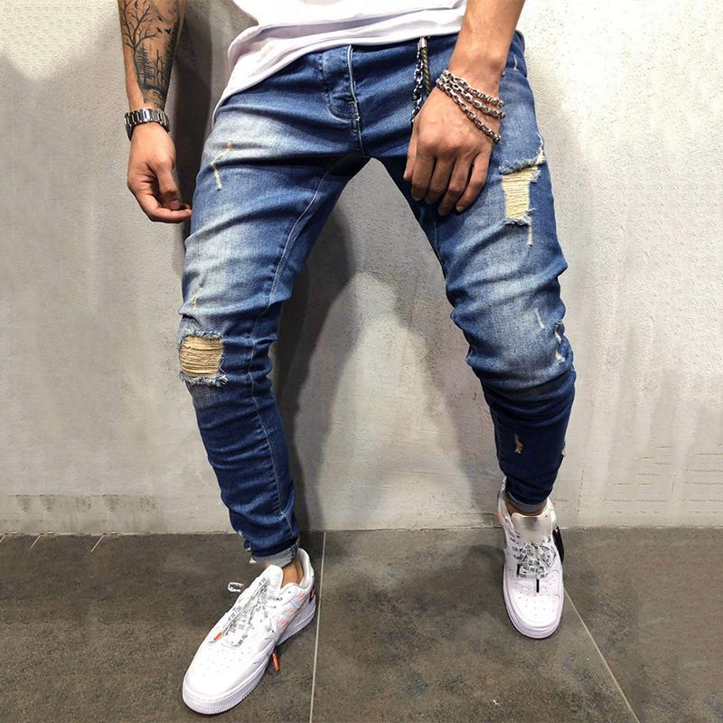 

Blue Ripped Jeans Men Sexy Hole Jeans Men Clothing Destoryed Slim Denim Pants Homme Fashion Casual Pants Male, As pic