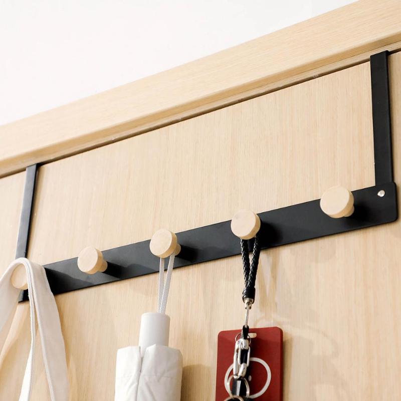 

Iron Door Hanger with wooded Hooks Bedroom Coat Hanger Clothes Storage Shelf Towel Rack Holder Hat Organizer Door Hook